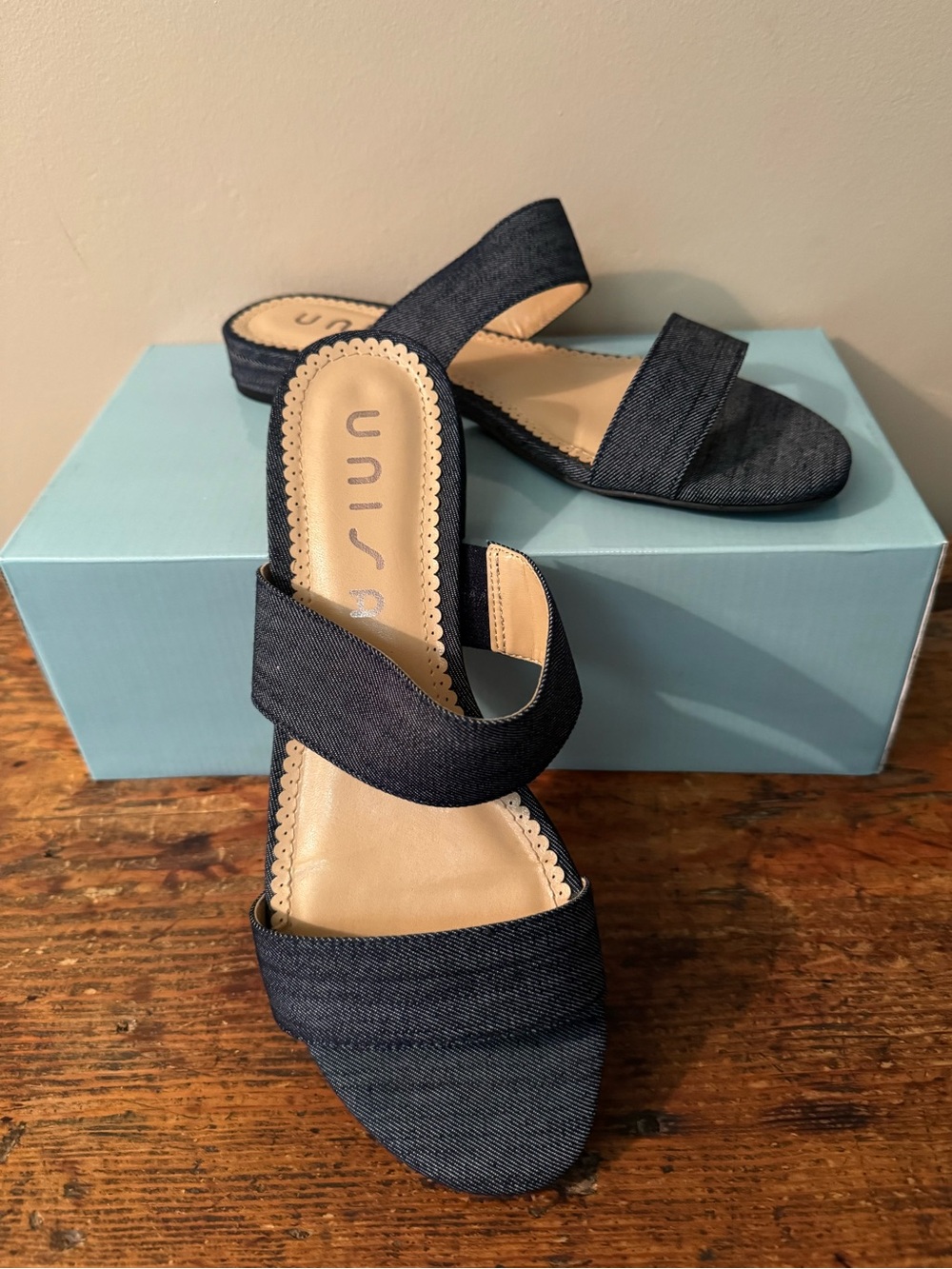 Unisa Dark Blue Denim Doible Strap Casual Slide Sandals, Size 9